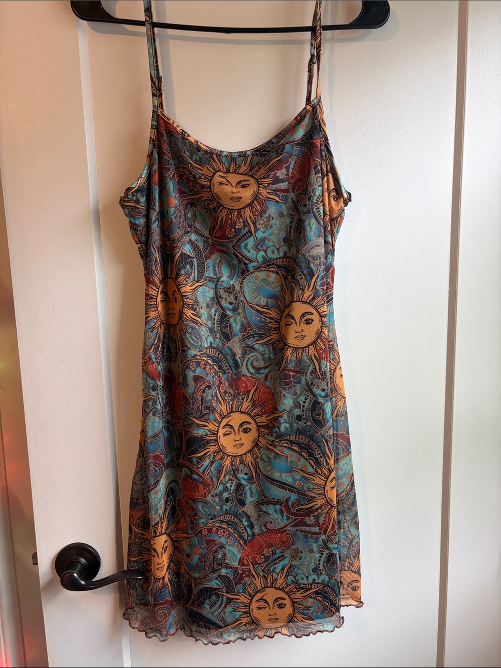 Sun Motif Slip Mini Dress in Teal and Rust